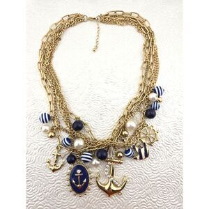 Chunky Coastal Charm Necklace Gold Tone Blue White Enamel Charms Beads Pearls